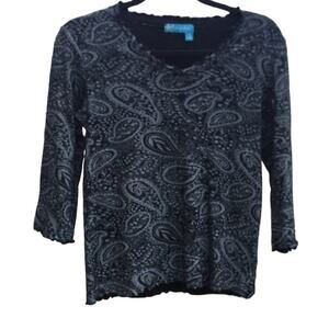 Fresh produce women shirt XS extra small black beachy paisley cotton boho ruffle
